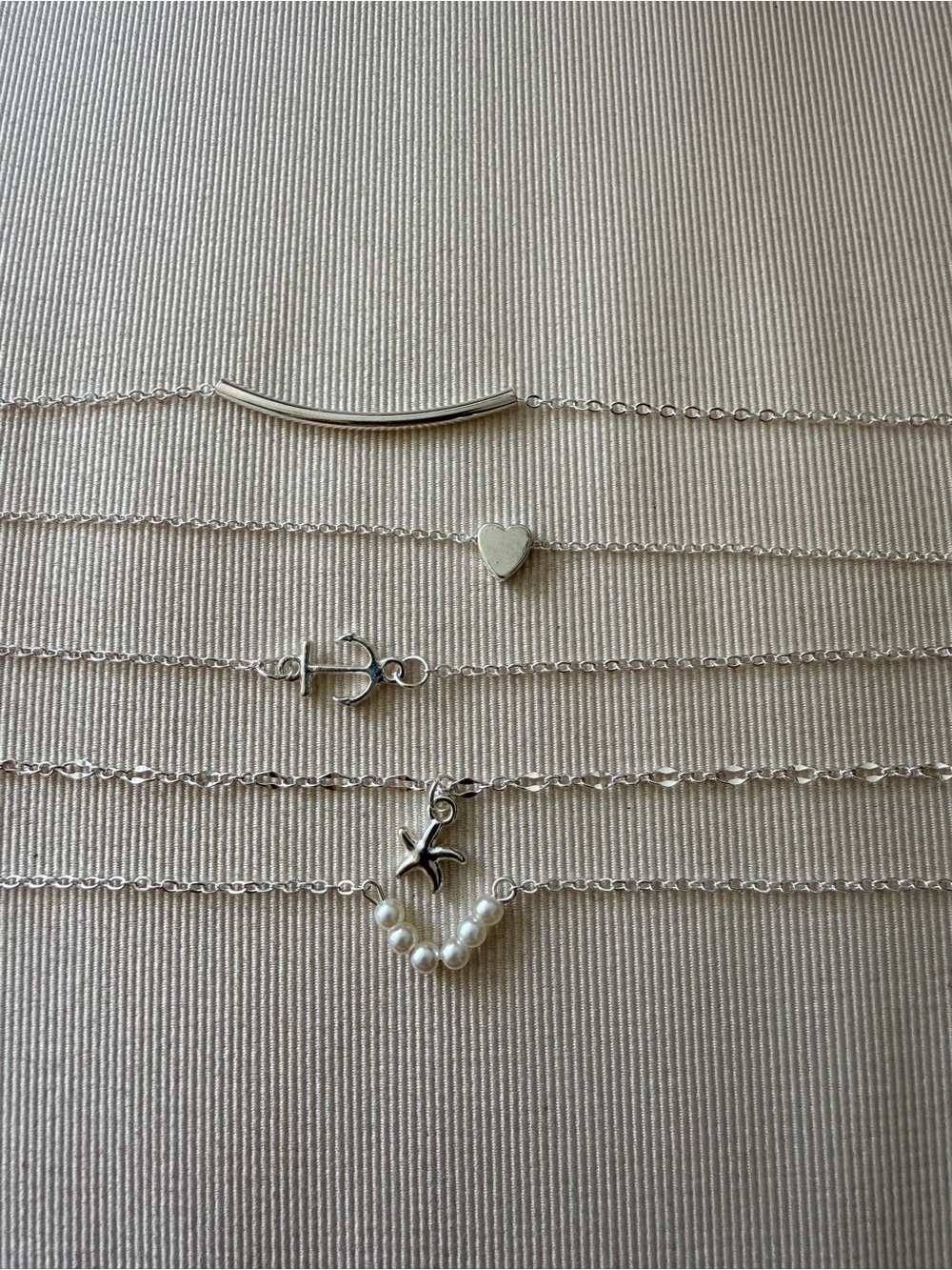 Silver Layered anklet Charm Necklace with Heart, Starfish and Pearl Accents